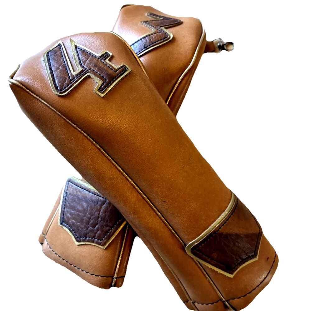 Vtg Spalding Golf Club Head Covers #3 #4 Tan Faux Leather Vinyl USA Retro Sporty